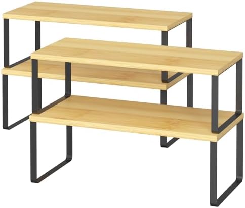 NEX Kitchen Cabinet and Counter Shelf Organizer, Stackable & Expandable, Set of 4, Black and Natural - 7.7 x 15.6 x 6.2''