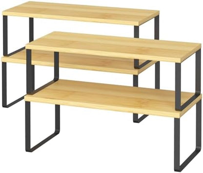 NEX Kitchen Cabinet and Counter Shelf Organizer, Stackable & Expandable, Set of 4, Black and Natural - 7.7 x 15.6 x 6.2''