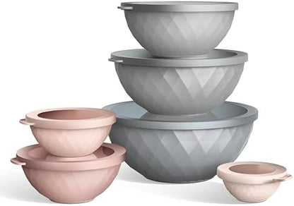 COOK WITH COLOR Mixing Bowls with Lids - 12 Piece Plastic Nesting Bowls Set includes 6 Prep Bowls and 6 Lids, Microwave Safe Mixing Bowl Set, Grey/Pink Diamond