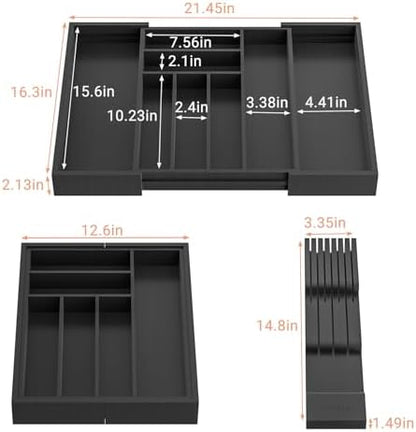 TIOPGHAD Expandable Bamboo Silverware Drawer Organizer Kitchen Tray, Black