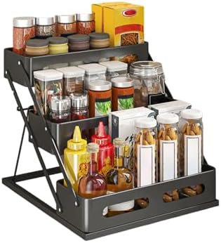 Bokelai Spice Rack for Countertop 3 Tier Foldable Seasoning Organizer Jars Storage Holder Step Shelf for Cabinet Kitchen Black