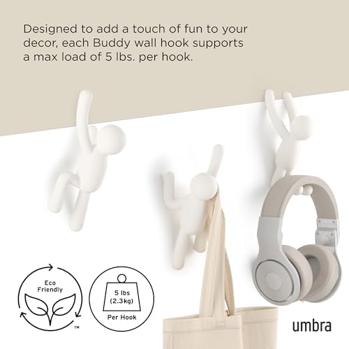 Umbra Buddy Wall Hooks, Decorative Wall Mount Coat Hooks, Set of 3, White