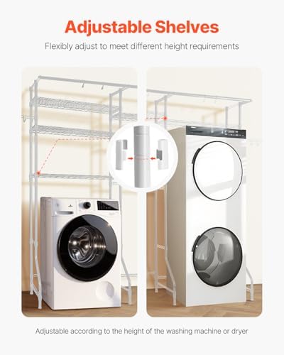 VEVOR Over the Washer and Dryer Storage Shelf, 6 Tier Laundry Room Drying Rack with Hanger Rod and Hooks, Adjustable Over Washer and Dryer Shelves, Laundry Room Shelf Storage Space Saver, White