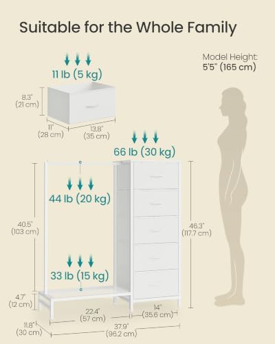 SONGMICS Dresser with Hanging Rod, 5 Fabric Drawers, Bottom Shelf