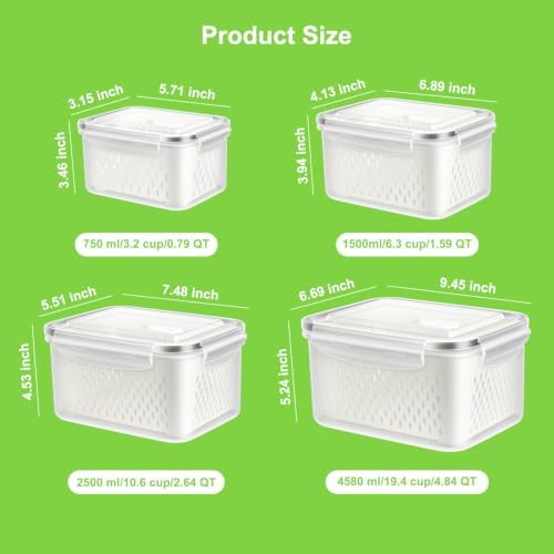 4Pack Fruit Storage Container for Fridge with Removable Colander and Vent