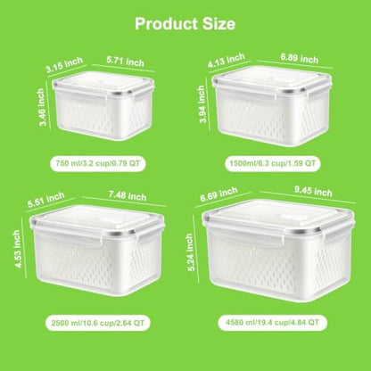 4Pack Fruit Storage Container for Fridge with Removable Colander and Vent