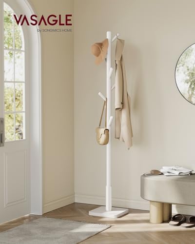 VASAGLE Solid Wood Coat Rack, Free Standing, 8 Hooks, 3 Height Options