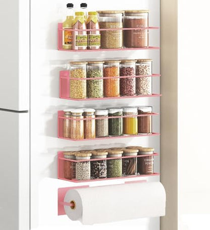 Magnetic Spice Rack For Refrigerator Magnetic Fridge Shelf For Kitchen Spice Organizer Magnetic Shelf For Fridge Space Saving Pink 4 Pack With Magnetic Paper Towel Holder