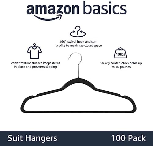 Amazon Basics Slim Velvet Non-Slip Space Saving Suit Clothes Hangers, Closet Organizer, Black/Silver, 100-Pack