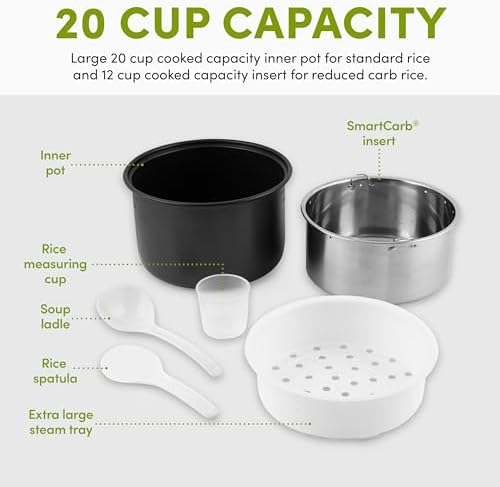Aroma Housewares ARC-1120SBL SmartCarb Cool-Touch Stainless Steel Rice Multicooker Food Steamer, Slow Cooker with Non-Stick Inner Pot and Steam Tray, 20-Cup(cooked)/ 5Qt, Black