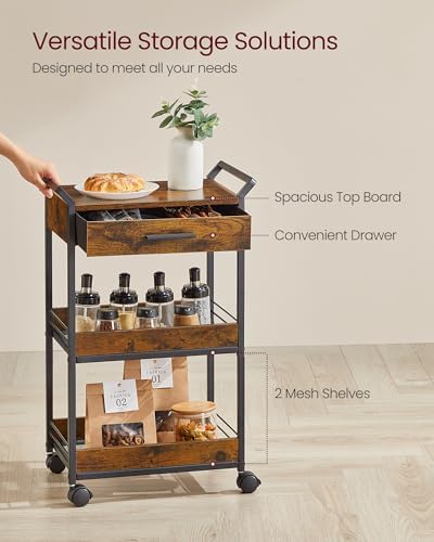 VASAGLE Storage Cart, 3-Tier Rolling Utility Cart with Table Top