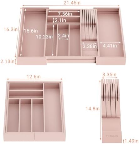 TIOPGHAD Expandable Bamboo Silverware Drawer Organizer Tray, Grey Pink
