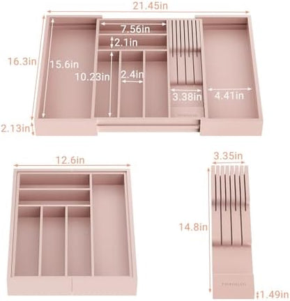 TIOPGHAD Expandable Bamboo Silverware Drawer Organizer Tray, Grey Pink