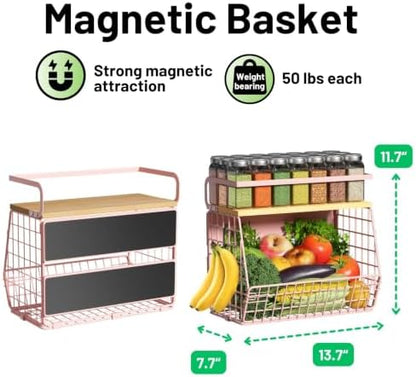 Magnetic Shelf for Fridge with Wood Lid, Fruit Potato and Onion Storage Bins, Pantry Organizers & Storage, Large Container Magnetic Spice Rack for Refrigerator, Kitchen Counter, Cabinet (Pink, 1)