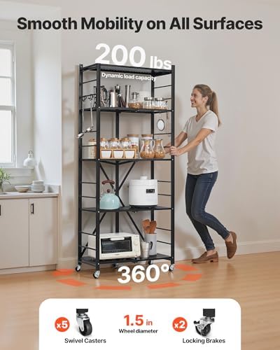 VEVOR 5-Tier Foldable Storage Shelf, 28W x 13D x 66H Inch Folding Metal Rack Shelving Unit, No Assembly Organizer Shelf with 5 Wheels & 4 Hooks for Pantry, Kitchen, Garage, Basement, Black