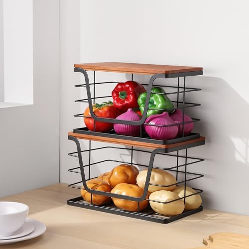 ALOCEO 2 Pack Stackable Storage Bins with Lids, Stainless Steel Extra Large Trash Bag Dispenser Roll Holder for Kitchen Sink, Laundry, Pantry Organizer and Storage, Walnut Black