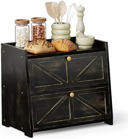 Trironsun Vintage Double Layer Bread Box for Kitchen Counter Bamboo Bread Storage Container Large Capacity Bread Storage Bin (Antique Black)