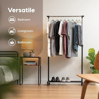 IRIS USA Single Rod Rolling Clothes Rack, Height Adjustable, Black