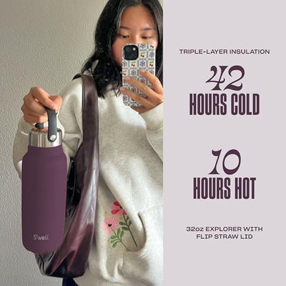 S'well Recycled Stainless Steel Explorer with Flip Straw Lid, 32oz, Plum, Triple Layered Vacuum Insulated Containers Keeps Drinks Cold for 42 Hours and Hot for 10