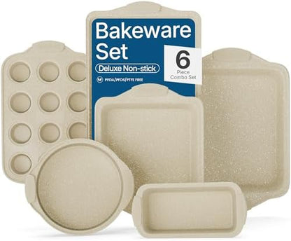 BAKKENMASTER 6-Piece Deluxe Nonstick Baking Pan Set - Professional Grade Carbon Steel Bakeware with White Marble Coating & Silicone Handles
