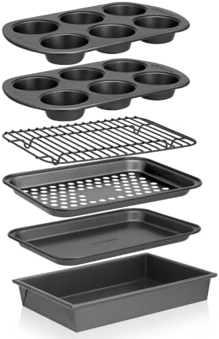 NutriChef 6-Piece Toaster Oven Bakeware Set, Compact Non-Stick Stackable Baking Pan Set with Muffin Pans, Roasting Tray & Baking Sheets, Durable Stain-Resistant Carbon Steel Design for Toaster Ovens