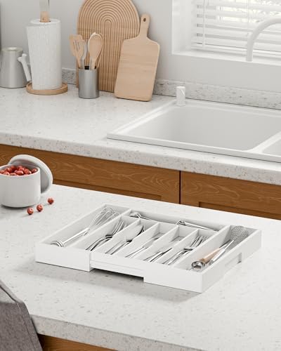 Kitsure Silverware Organizer, Bamboo Kitchen Drawer Tray, White, Large