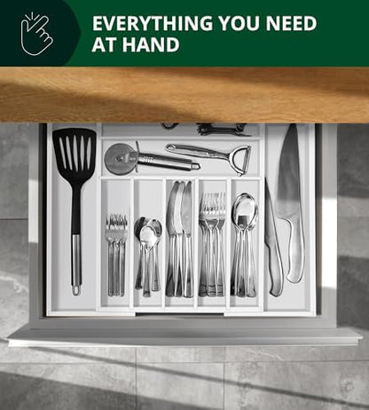 ROYAL CRAFT WOOD Luxury Bamboo Kitchen Drawer Organizer - Silverware Organizer - Utensil Holder and Cutlery Tray with Grooved Drawer Dividers for Flatware and Kitchen Utensils (9 Slot, White)
