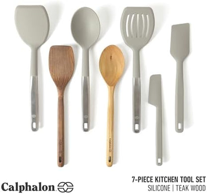 Calphalon Prime 7-Piece Silicone and Teak Wood Kitchen Tool Set, Stainless Steel Kitchen Utensil Set, Kitchen Spoon And Spatula Set, Heat Resistant Non-Slip Kitchen Gadgets Set - Taupe