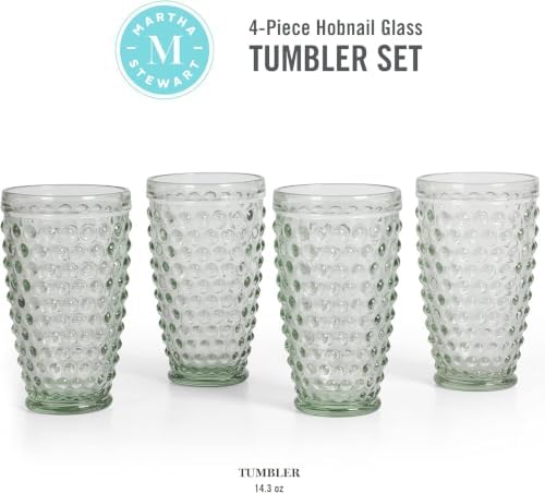 Martha Stewart Chauncey 4-Pack Hobnail Glass Tumblers, 14.3 oz – Handmade Green Drinking Glasses, Vintage Textured Water Cups for Kitchen, Barware, or Entertaining