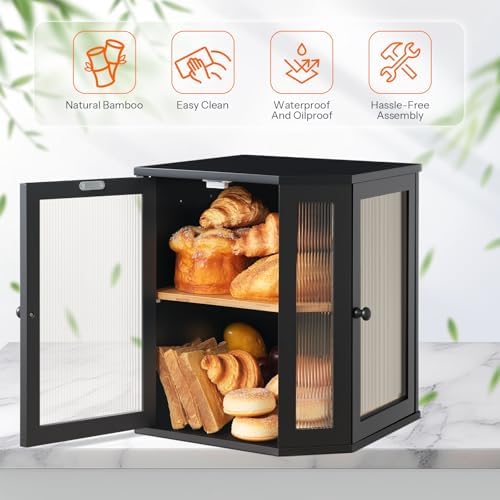 HOOBRO Bread Box, Bamboo Bread Box for Kitchen Countertop, 2-Tier Corner Bread Box, Large Capacity Bread Bin, Food Storage Box, Bread Storage Container for Kitchen, Dining Room, Black BK12MB01