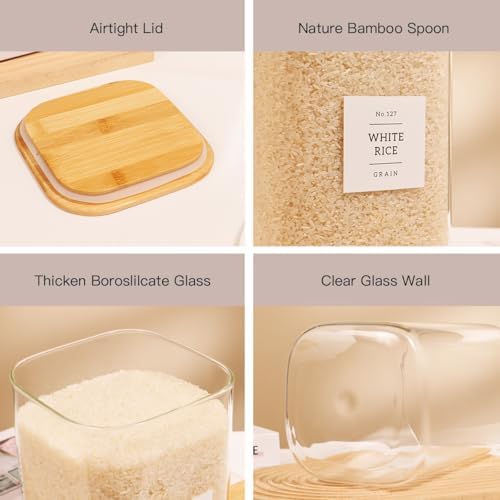2 Pack large Square Glass Flour and Sugar Containers with 132 Kitchen Pantry Labels - 149 floz & 71 floz - Glass Jars with Airtight Bamboo Lid - Glass Rice Canisters for Coffee, Pasta, Cookie, Cereal