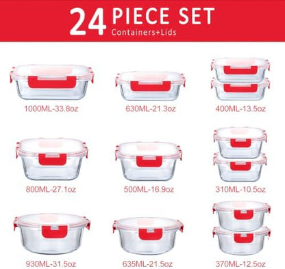 M MCIRCO 24 Piece Glass Food Storage Containers with Lids, Red