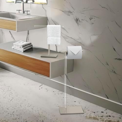 Gatco 1344SN Modern Freestanding Countertop Towel Holder, Satin Nickel Acrylic T-Shape Hand Towel Rack for Bathroom & Kitchen, Decorative Towel Organizer for Vanity, Sink & Countertop