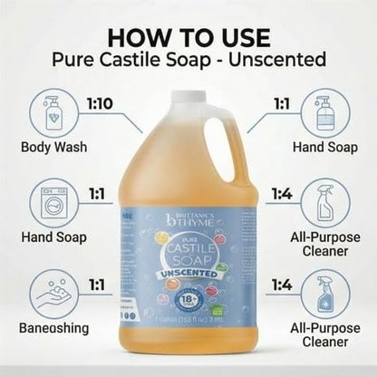 Brittanie's Pure Castile Liquid Olive Oil Soap Refill, Unscented, 1 Gallon | Multi-Purpose For Body, Face, Hands, Laundry, Dishes, Pets & Baby, Organic, Vegan, Non-GMO, Olive Oil, Made in USA