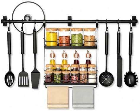 NADAMOO Spice Rack Wall Mount, 2-Tier Kitchen Storage Shelf with Hooks