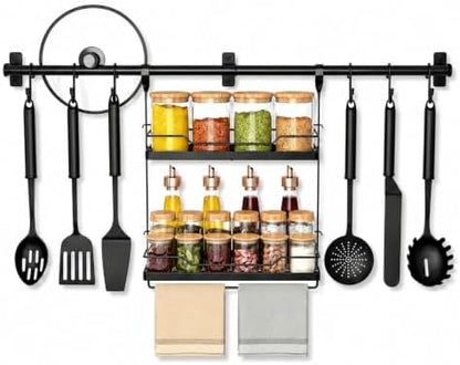 NADAMOO Spice Rack Wall Mount, 2-Tier Kitchen Storage Shelf with Hooks