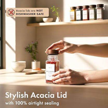 EDELHAUS Glass Spice Jars with Label, 24x Acacia Wooden Lids - White Labels