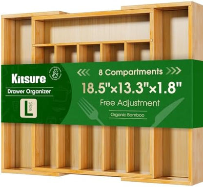 Kitsure Silverware Organizer, Bamboo Kitchen Drawer Tray, Natural, Large