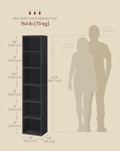 VASAGLE Bookshelf, 6-Tier Bookcase, 11.9 x 9.4 x 63.3 Inches