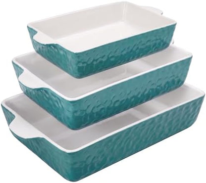 NutriChef 3-pc Casserole Dish Set for Oven, Ceramic Lasagna Baking Dishes, Deep Serving Dish with Handles - Aqua, (14.7"/ 10.8"/ 7.9")