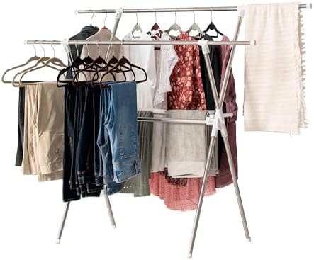 IRIS USA Foldable Drying Rack with Extendable Rods for Large Laundry Loads, Clothes Drying Rack, Freestanding Foldable Laundry Rack, Anti-Skid Feet, Portable and Storable, Silver