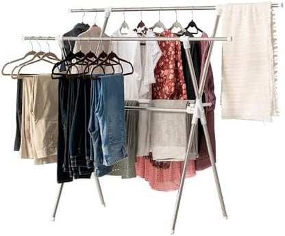 IRIS USA Foldable Drying Rack with Extendable Rods for Large Laundry Loads, Clothes Drying Rack, Freestanding Foldable Laundry Rack, Anti-Skid Feet, Portable and Storable, Silver