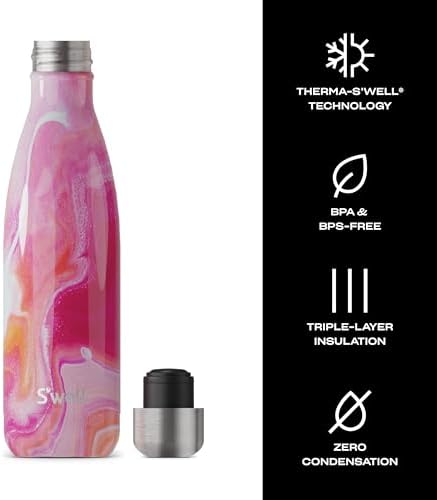 S’well Stainless Steel Water Bottle - 17 Fl Oz - Rose Agate - Triple-Layered Vacuum-Insulated Containers Keeps Drinks Cold for 36 Hours and Hot for 18 - with No Condensation - BPA-Free