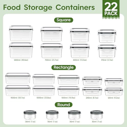 KEMETHY 44-Piece Food Storage Containers with Lids(22 Containers & 22 Lids), Plastic Food Containers for Pantry & Kitchen Storage and Organization, BPA-Free, Leak Proof, Reusable with Labels & Pen