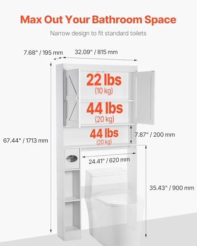 VEVOR Over The Toilet Storage Cabinet, 67.44‘’ Height Bathroom Storage Cabinet Over Toilet with Barn Door and Adjustable Shelf, Bathroom Space-Saving Toilet Rack White Wood with Open Shelf