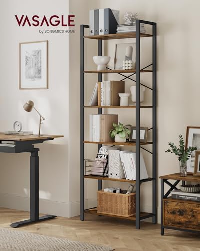 VASAGLE 6-Tier Bookshelf, Bookcase with Steel Frame, Book Shelf for Living Room, Home Office, Study, 11.8 x 26 x 73.2 Inches, Industrial Style, Rustic Brown and Ink Black ULLS062B01