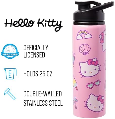 Silver Buffalo Sanrio Hello Kitty Vibes, Stainless Steel Water Bottle, 25oz