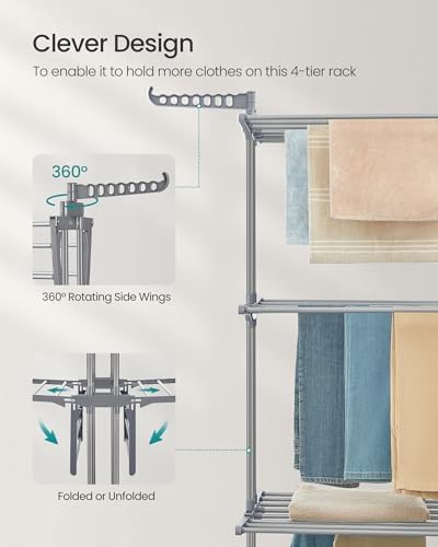 SONGMICS 4-Tier Clothes Drying Rack, Foldable, Rolling, 67.9-Inch Tall