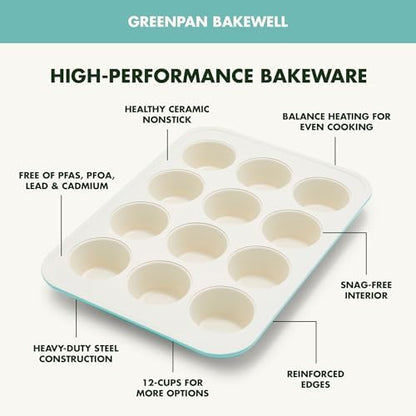 GreenPan Bakewell 12-Cup Muffin Pan, Healthy Ceramic Nonstick Bakeware, PFAS-Free Cupcake Mold, Durable Baking Tray, Versatile Kitchen Essentials, Easy Clean Ovenware, Turquoise