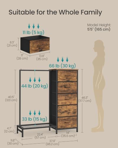SONGMICS Dresser with Hanging Rod, 5 Fabric Drawers, Bottom Shelf